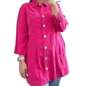 Soft Surroundings Pink Button Front Tunic Sz XS 3/4 Sleeve Collar Pockets Linen